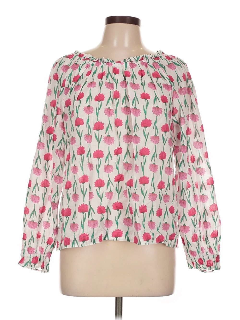 J. Crew White Floral Peasant Blouse with Pink Flowers